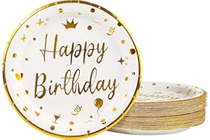 DHAIQC Lot de 50 Assiette Jetable Anniversaire 23cm, Blanc Vaisselle Jetable Anniversaire Assiettes Dessert Assiette Carton pour Barbecue Camping Mariages Fête Anniversaire (Anniversaire Blanc, 23CM)