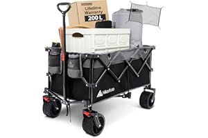 Hikenture Camping Trolley with Cargo Net, Big Wheels Beach Trolley Cart for Sand, 220lbs Capacity Folding Wagon, Heavy Duty Festival Trolley with Brakes, Collapsible Wagon for Picnic Garden Beach