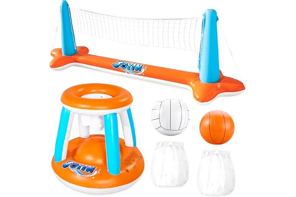 Uppblåsbart pool-flottörsats volleybollnät och basketringar; bollar ingår för barn och vuxna, sim spelleksak, flytande, sommarflytande, volleybollplan (266 x 71 cm x 89 cm/105 x 28 x 35 tum)