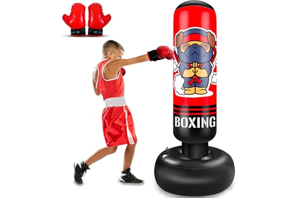 Sac de Frappe Enfant, 165cm Punching Ball Enfants, Sac de Boxe Gonflable avec Gants de Boxe, Cadeau pour Garçons et Filles de 3 à 12 Ans pour Karaté, Taekwondo, MMA