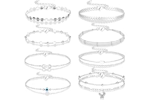 LOLIAS 9PCS Bracelet de Cheville pour Femme Ados Or Argent Multicouche Papillon Mauvais Œil Coeur CZ Plage Réglable Dainty Layered Chaine de Cheville Ensemble