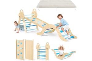 Lischwert Montessori 7 en 1 Juego de estructura de escalada y arco de equilibrio de madera, incluye cojín, juego de interior para niños pequeños, juguetes de habilidades motoras para promover el