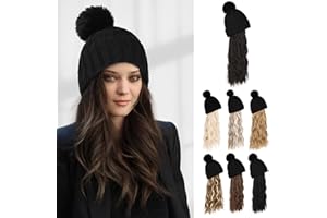 Flufymooz Beanie Wig, Hat Hair Extension Long Wavy Curly Black Hat Wig with Faux Fur Pom, Attached 20 Inch Synthetic Hairpiece for Women Girls Winter (Black Brown)