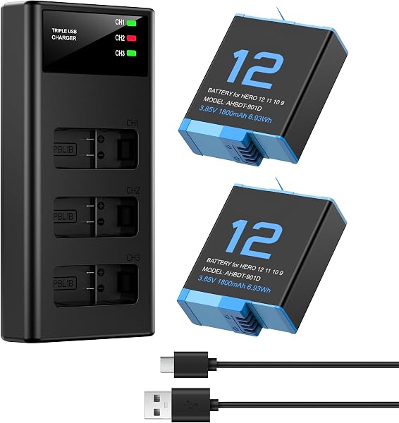 ENEGON Set di caricabatterie triplo – 2 batterie agli ioni di litio per Hero 12/11/10/9 Black (Pacchetto completo: caricabatterie a 3 canali + 2 batterie) - 1