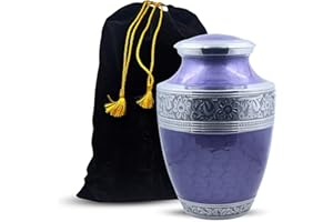 HIND HANDICRAFTS Silver Engraved Cremation Urn for Human Ashes - Large Adult Funeral Burial Urn Handcrafted (7" x 7" x 10" - 200 lbs or 90 kg, Pearl Purple) - Bag Included