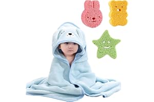 HOAAIGO Asciugamani da Bagno Neonati con 3 Spugne da Doccia, Asciugamano con Cappuccio Extra Morbido per Bambino Piccoli, Accappatoio Super Assorbente con Simpatico Orecchie per Neonato 0-3 Anni (Cucciolo)