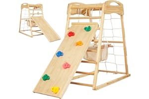 FUNLIO Indoor Climbing Frame for Toddlers 2-5, Montessori Wooden Swing and Slide Set for Kids, Outdoor Play Equipment for Children with Monkey Bars/Swing/Climbing Rock/Net/Ladder/Slide/Gymnastic Rings