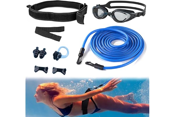 ROLMZJX 4m Elastique de Nage Piscine, Résistance Elastique de Nage avec Lunettes, Réglable Entraînement Ceinture de Natation, pour Utilisation Professionnelle, Amatrice ou Récréative