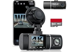 Abask Dashcam para coche, 4 K, WiFi, cámara delantera interior, control por aplicación, cámara de coche de 310 grados con tarjeta de 64 GB, pantalla integrada de 1,5 pulgadas con vigilancia de