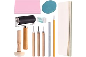 Swpeet Kit di 41 timbri in gomma, 1 pietra per affilare, coltello artigianale, rullo per inchiostro, timbri in plastica, timbri in legno e carta di riso per stampe, blocchi di linoleum