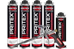 PRITEX - WDVS Klebeschaum Set 4 x 750 ml inkl. Schaumpistole und Reiniger zum Isolieren, Fixieren & Befestigen – Montageschaum Dämmstoffkleber mit sehr guter Haftung