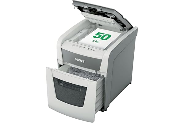 Leitz, Destructeur de documents AutoFeed, Hybride, 50 feuilles en automatique, 6 feuilles en manuel, Coupe croisée P4, Trombones/Agrafes/CB, Anti-bourrage, Silencieux 55 dB, Bac 20L (150 f), 80350000