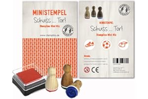 ‎STEMPLINO Stemplino® Holzstempel Set 3er Pack "Schuss, Tor!" - 3 Ministempel: Turnschuh Fußball Pfeife | 10 verschiedene Motivmixe zur Auswahl | Mini Geschenke Kinder Mini Spielzeug Stempel Set