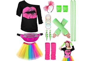 WILDPARTY Kit Déguisement Année 80 Accessoire Femme, T-Shirt, Tutu, Sac Banane, Bandeau, Boucle d'Oreille, Collier, Gants Résille, Vêtements Années 80 Néon Tenu 80s Thème Soirée Carnaval Femme Fille
