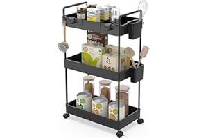 ‎RONLAP Ronlap Rollwagen Küchewagen mit 3 Ebenen, Servierwagen mit Aufhängebecher, Separator, Haken, Regal auf Rollen für Küche, Schlafzimmer, Büro, Schwarz