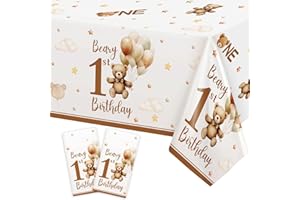 HEBOLAND 2 Pack Beary 1st Birthday Decorations for Boys Table Cloth, First Birthday Decorations Boy Tablecloth 137 X 274cm Large Size Rectangular Tablecloths Brown Bear Birthday Party Decorations Supplies
