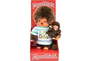 Sekiguchi 220960 - Original Monchhichi Junge, Plüschtier Papa mit Kind, Super Dad, ca. 20 cm großes Kuscheltier aus braunem Plüsch, Braun
