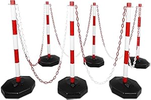 BERRY 6 Traffic Safety Delineator Posts - Red and White | Height Adjustable Barrier Posts with Fillable Base and 12 Meter Plastic Chain | Portable Indoor Queue & Access Control Poles with S Connectors