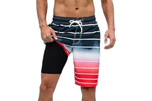 Arcweg Mens Swimming Shorts Long Swimming Trunks with Compression Liner 2 in 1 Swim Trunks with Zipper Pockets Quick Dry Men's Swim Shorts Double Layer