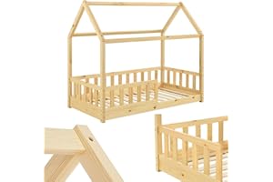 Juskys Cama Infantil Marli 80 x 160 cm con protección anticaída, somier y Techo - Cama casa de Madera Maciza para niños - Cama en Color Natural