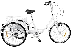 ARBGO 24 Zoll Dreirad für Erwachsene, 3-Rad-Cruiser-Fahrrad, Dreirad-Fahrrad for Erwachsene, mit Motorrad-Lampe Einkaufskorb und Reflektoren Einstellbare Geschwindigkeit Höhe, bis 120 kg, Weiß
