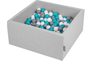 KiddyMoon 90X40cm/300 Bolas ∅ 7Cm El Cuadrado Piscina De Bolas para Ninos Hecha En La UE, Gris Clr:Gris/Blanco/Turquesa