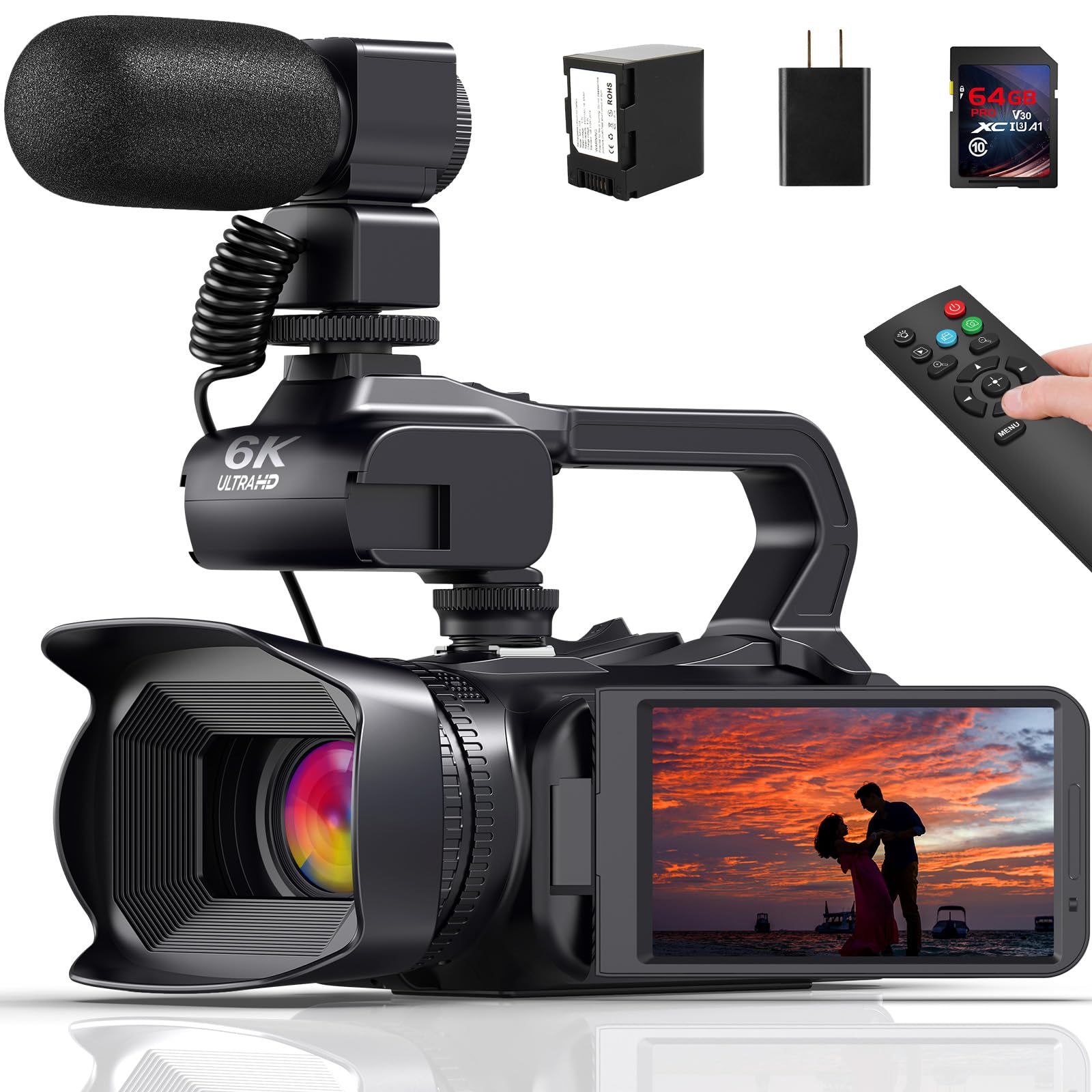 MERVNE 6K Video Camera Camcorder, 64MP 18X Digital Zoom IR Night Version Vlogging Camera for YouTube, HD WiFi Video Camera with 4500mAh Battery, SD Card, Stabilizer, Mic, Remote Control and Charger