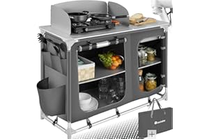 TecTake® Meuble de Rangement Cuisine de Camping Pliable en Aluminium, avec Étagères, Plan de Travail, Pieds réglables, Sac de Transport Inclus, Stockage pour Vaisselle, Accessoires Cuisine, Aliments
