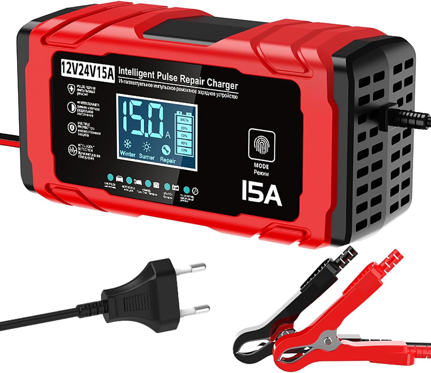 24V 15A Cargador Baterias Coche, 12V 8A Cargador de Bateria y Moto Inteligente Batería de Coche con LCD Cargadors de batería para Auto Moto Camión AGM Gel SLA