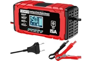 TEKXDD 15A Cargador Baterias Coche, 12V 24V Cargador de Bateria y Moto Inteligente Batería de Coche con LCD Cargadors de batería para Auto Moto Camión AGM Gel SLA