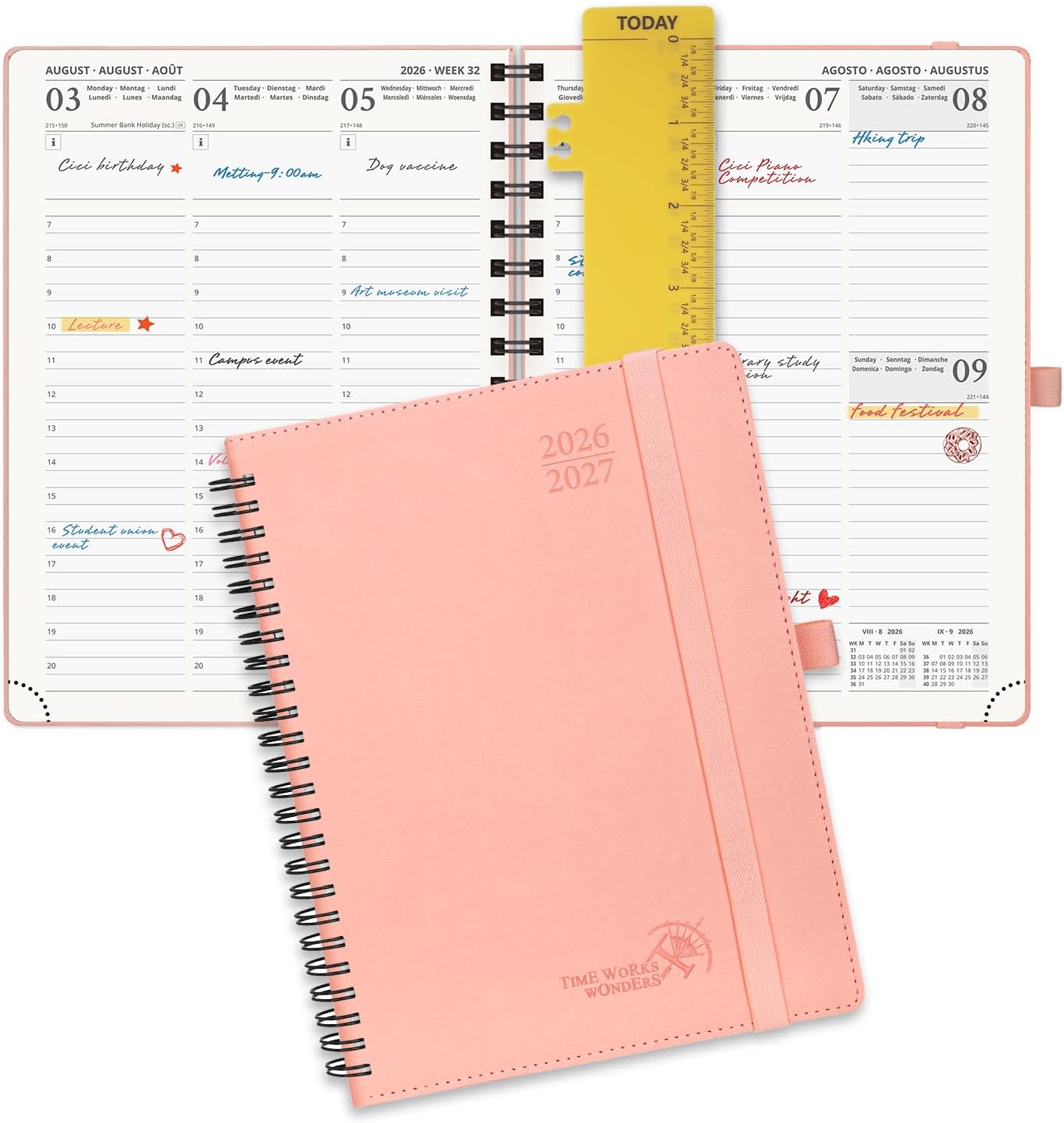 POPRUN Agenda 2026 2027 Semainier 22 x 16,5 cm D'Août 2026 à Déc 2027, Planner Vertical Scolaire 17 Mois avec Couverture Souple Spirale, Règle et signet, Papier 80g/m²,Rose