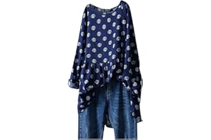 TIMEMEAN Hauts Femmes Grande Taille à Pois Coton Lin Tunique Chemisier Décontracté Ample à Manches Longues Col en V Fluide Haut De Chemise