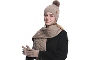 MAZELIKEHOOD Set Sciarpa Cappello Guanti Donna Inverno Caldo Cappello di Bobble con Sciarpa a Maglia e Guanti Tessuto Morbido e Comodo Moda Accessori Invernale Ideale per Regalo di Natale