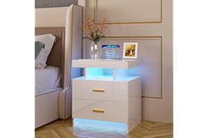‎LVIFUR Lvifur Nachttisch Led Licht,Smart Nachttisch Menschliche Sensorfunktion mit USB&Type-C Laden,Hochglanz Nachtkommode mit 2 Schublade,Kabelloses Laden Nachtschrank 3 Farblicht dimmbar, Weiß