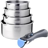 ARTHUR MARTIN - Set of 5 Stainless Steel Casseroles, Compatible with All Heat Sources - Detachable Handle, Glass Lids, Easy t