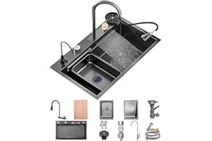 OMGMTSTORE Fregadero de cocina con cascada, 85 x 50 cm, de acero inoxidable, negro, multifuncional, con grifo extensible, para cristal, lavabo, desagüe