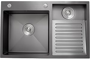 ATHOMASM Fregadero multiusos de acero inoxidable con tabla de lavar integrada – 70 cm – Fregadero doble hecho a mano para lavandería, garaje y taller – Superficie texturizada negra