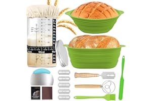 VEFTSVY Cestino Pane Lievitazione, Set di 2 Cestini da Lievitazione per Pane in Silicone, Rotondo da 24cm e Ovale da 25cm, Cestini Pieghevoli per Pane, Kit Completo per Panificazione e Lievito Madre (Verde)