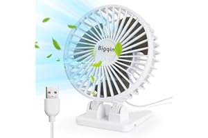 Bigqin Petit ventilateur de bureau USB puissant avec 3 vitesses, réglage à 90° pour chambre, bureau, maison, voiture - Blanc