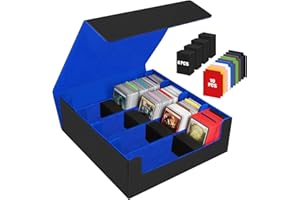 AOBOPLE Scatola per Carte per Oltre 3200 Carte, Scatole per Carte Collezionabili con 10 Divisori Colorati e 4 Schiuma, Scatole per Mazzi Magnetici Premium, Custodia in pelle PU Magic the Gathering(Nero Blu)