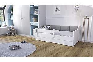 Kobi Cama Infantil Eryk Blanca | 160x80| Paneles Acolchados | Cajón, colchón, barandilla | para habitación Infantil | para una niña | para un niño (Paneles Gris)