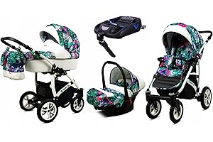 BabyLux® Bambini Passeggino Completo Set 4 in 1 - Tropical - incl. Navicella, Canna, Seggiolino Auto, ISOFIX Base - Carrozzina Neonati Sistema Combinato - con Borsa fasciatoio ecc.