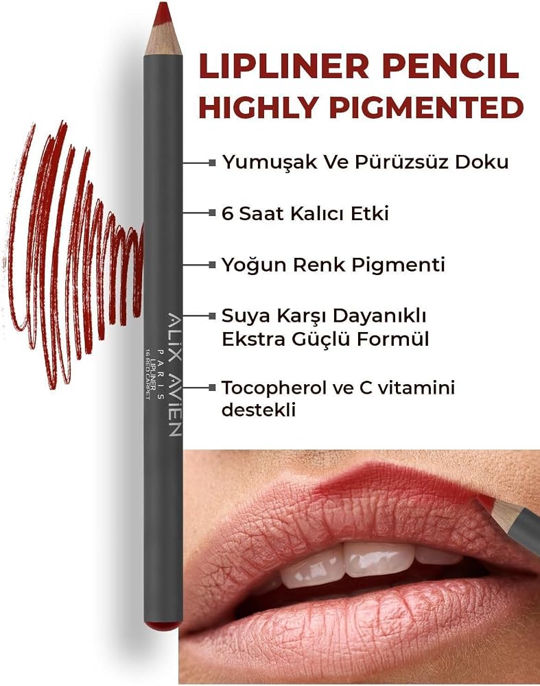 ALIX AVIEN Uzun Süre Kalıcı Dağılma Yapmayan Nemlendirici Dudak Kalemi - Lipliner Pencil 16 Red Carpet