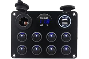 KAOLALI 8 Gang Toggle Switch Panel, IP65 Waterproof 12V/24V Switch Panel with 4.2A Dual USB Charger Port, Lighter Socket, Digital Voltmeter Display for RV Car Boat Vehicles Truck, Blue
