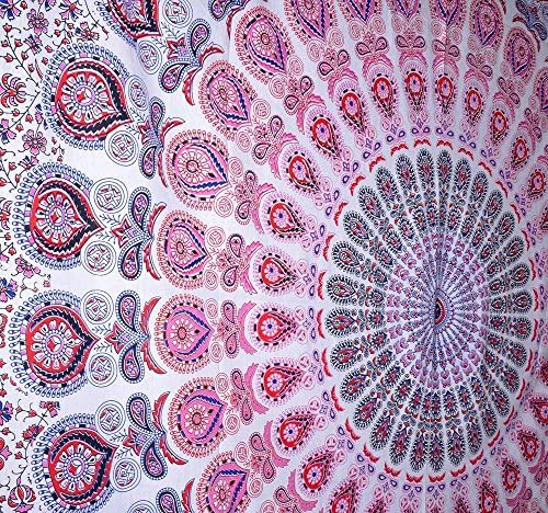 LALI PRINTS Indian Peacock Pink Meditation Mandala Hippie Hippy Bohemian Tapestry + 1 Free Cushion Cover Wall Hangings Throw Cotton Bedcover Ethnic Decorative Décor Dorm Wall Art