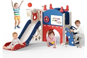 STYPLZ Scivolo per bambini 10 in 1 a forma di alce con canestro da basket, golf, telescopio, struttura per arrampicata, scivolo da interno per bambini, giocattoli da parco giochi Montessori(Blu-rosso)
