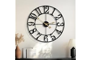 HAITANG Reloj de Pared Grande de 18 Pulgadas, Redondo, Casi silencioso, sin tictac, de Cuarzo, Funciona con Pilas, números arábigos Negros, Relojes de Pared de Metal para Sala de