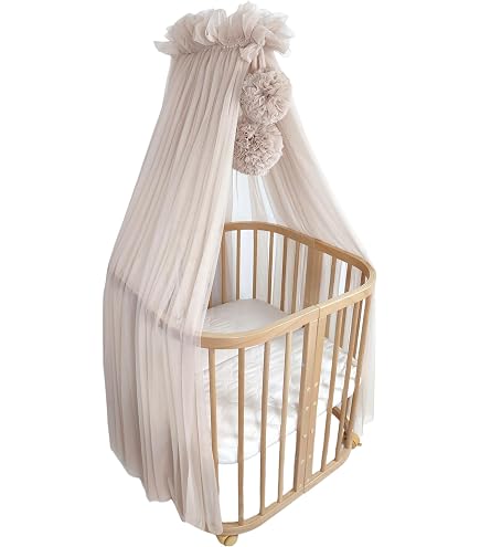 Produktbild von Babybetthimmel Aus Tüll, Betthimmel Für Babybett, Prinzessin Babywiege, Beistellbett Baby, Moskitonetz, Babyzimmer Deko, Baldachin Kinderzimmer 165cm Lang, Mit Pompons, Taupe (Babyblau