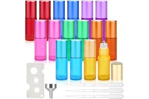 Maxmoc 16pcs Roll on Glasflaschen für Ätherisches Öl, 5ml Roll on Flasche Leer mit Edelstahl-Ball, Bunt Rollon Flaschen mit Öffner, Tropfer, Trichter für Ätherische Öle, Parfüm, Massage
