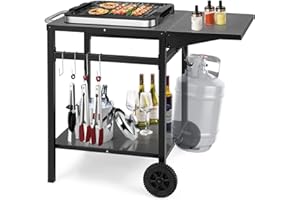 COSTWAY Outdoor Grill Dining Cart, Movable Pizza Oven Table Stand Trolley with Folding Side Table, Wheels and Gas Tank Hook, Double-Shelf Metal Worktable for Backyard Patio Garden